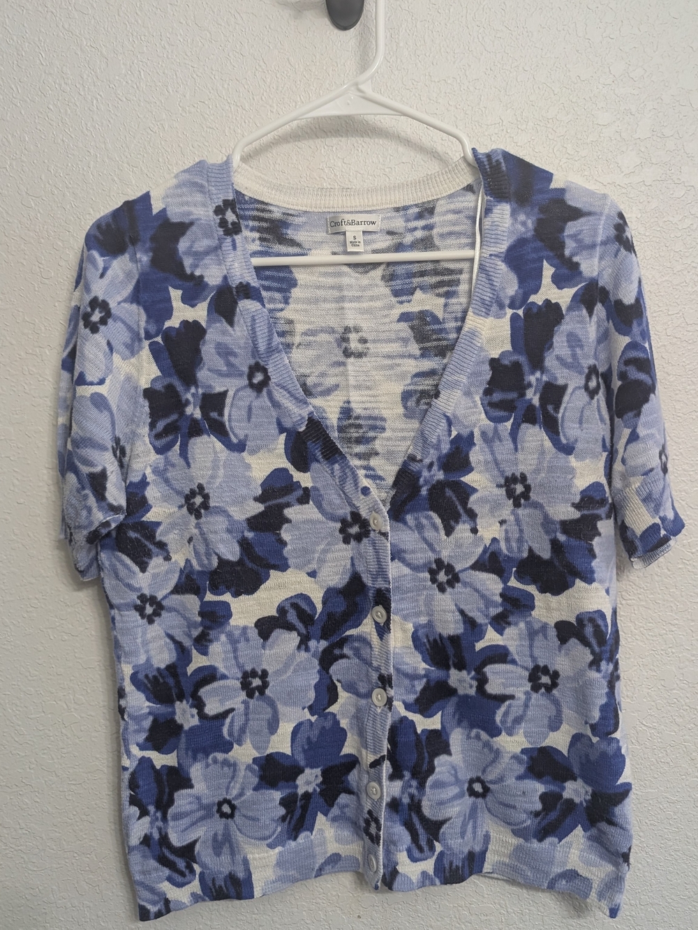 croft & barrow Blue Floral Button-Front Women's Short Sleeve Cardigan